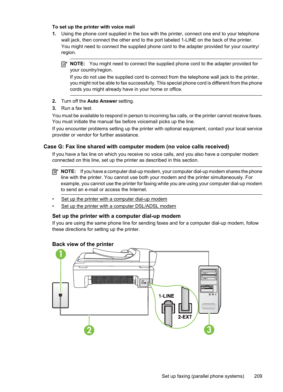 Set up the printer with a computer dial-up modem | HP Officejet 7500A Wide Format e-All-in-One Printer - E910a User Manual | Page 213 / 252