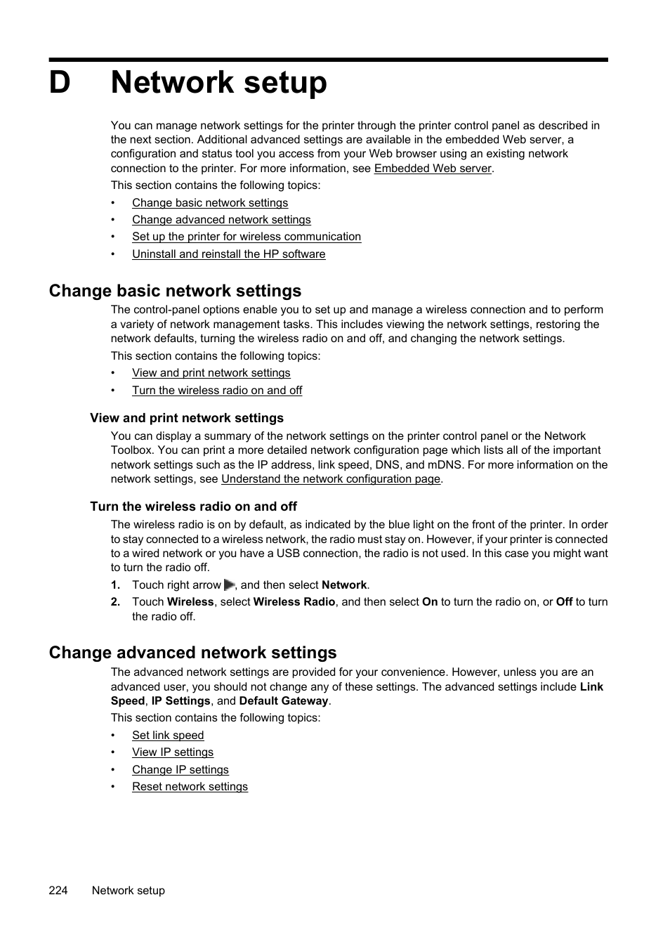 Network setup, Change basic network settings, View and print network settings | Turn the wireless radio on and off, Change advanced network settings, D network setup, Dnetwork setup | HP Officejet 7500A Wide Format e-All-in-One Printer - E910a User Manual | Page 228 / 252