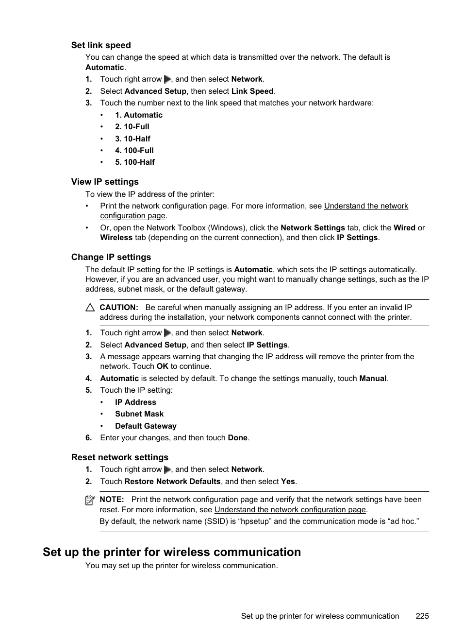 Set link speed, View ip settings, Change ip settings | Reset network settings, Set up the printer for wireless communication | HP Officejet 7500A Wide Format e-All-in-One Printer - E910a User Manual | Page 229 / 252
