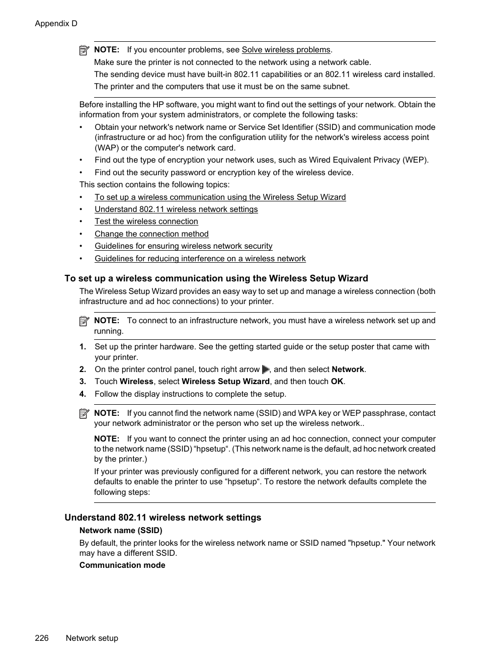 Understand 802.11 wireless network settings | HP Officejet 7500A Wide Format e-All-in-One Printer - E910a User Manual | Page 230 / 252