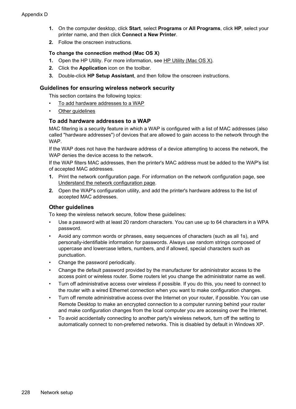 Guidelines for ensuring wireless network security, To add hardware addresses to a wap, Other guidelines | HP Officejet 7500A Wide Format e-All-in-One Printer - E910a User Manual | Page 232 / 252