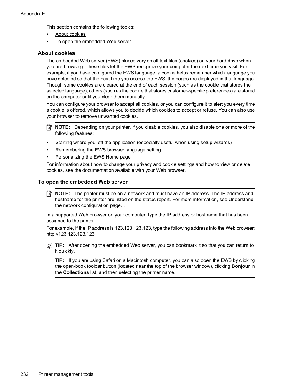 About cookies, To open the embedded web server | HP Officejet 7500A Wide Format e-All-in-One Printer - E910a User Manual | Page 236 / 252