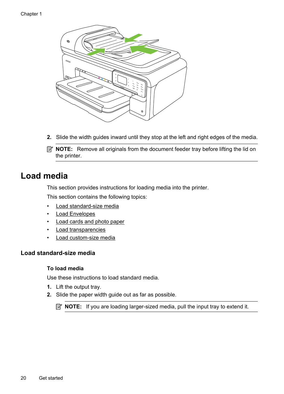 Load media, Load standard-size media, E load media | HP Officejet 7500A Wide Format e-All-in-One Printer - E910a User Manual | Page 24 / 252