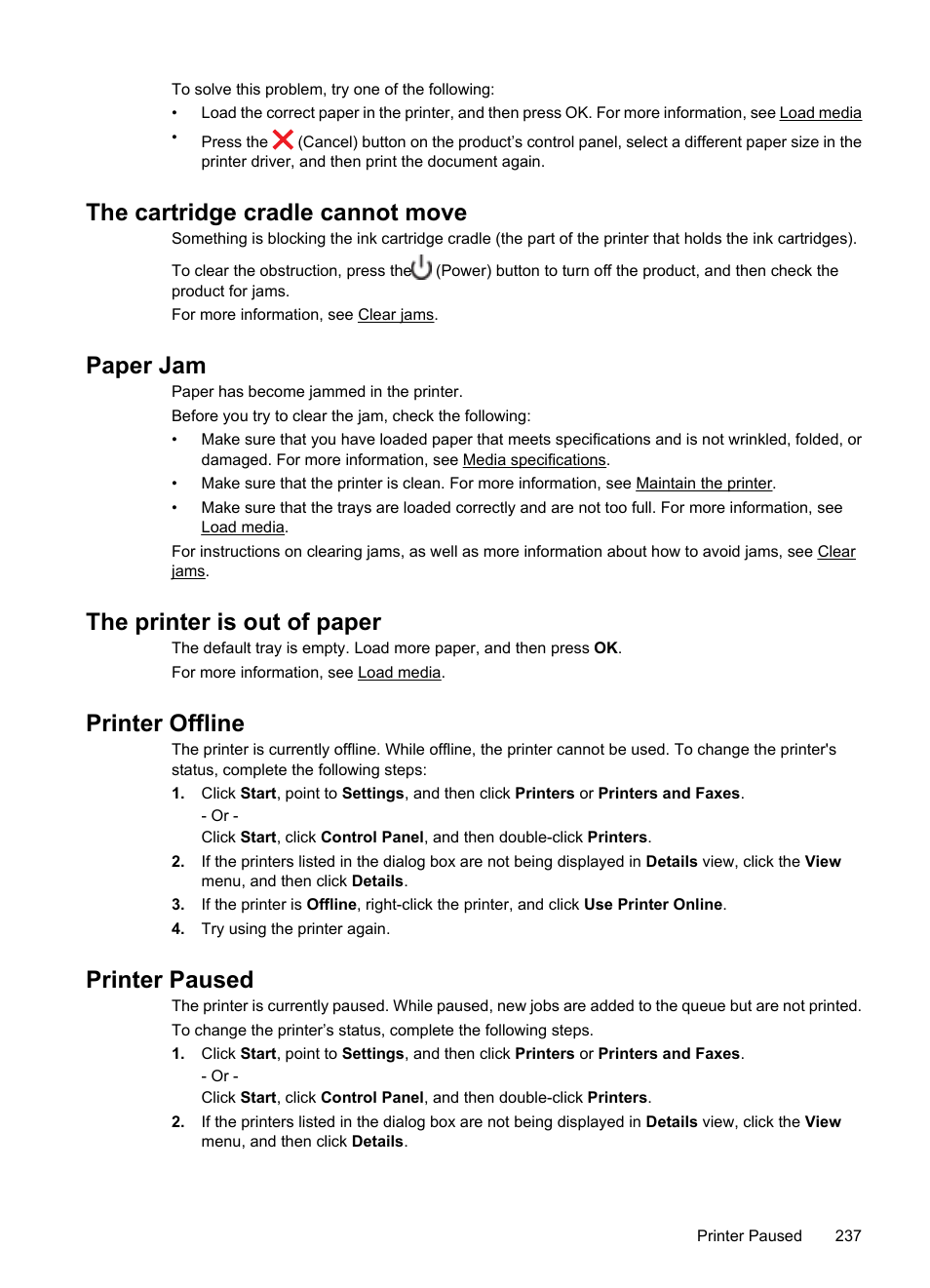 The cartridge cradle cannot move, Paper jam, The printer is out of paper | Printer offline, Printer paused | HP Officejet 7500A Wide Format e-All-in-One Printer - E910a User Manual | Page 241 / 252