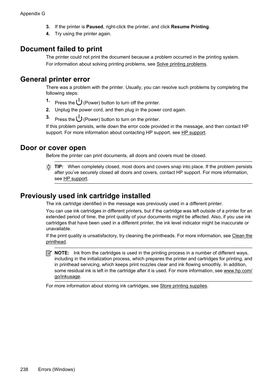 Document failed to print, General printer error, Door or cover open | Previously used ink cartridge installed | HP Officejet 7500A Wide Format e-All-in-One Printer - E910a User Manual | Page 242 / 252