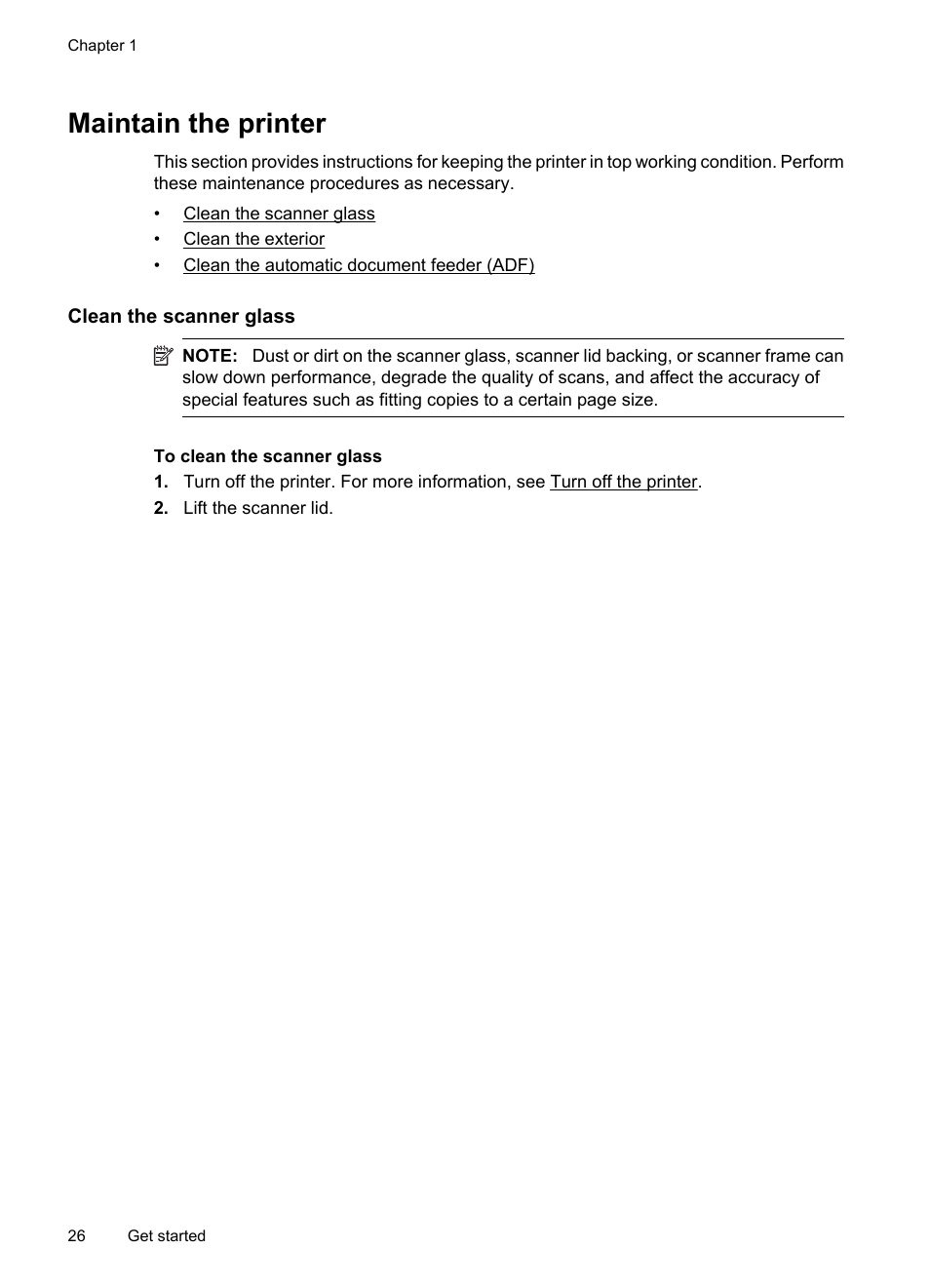 Maintain the printer, Clean the scanner glass | HP Officejet 7500A Wide Format e-All-in-One Printer - E910a User Manual | Page 30 / 252