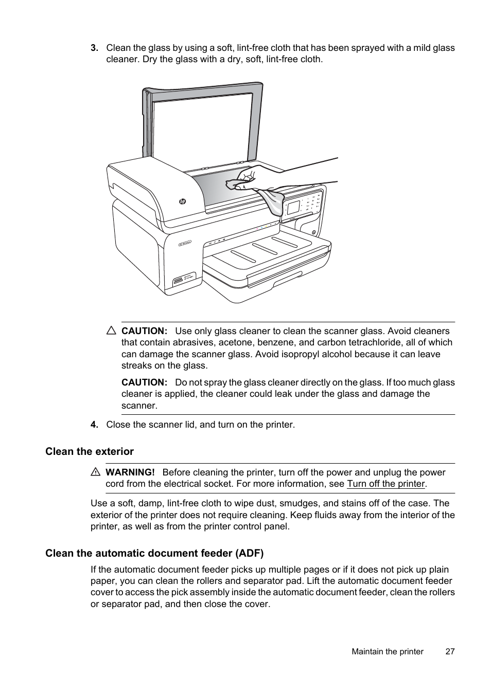 Clean the exterior, Clean the automatic document feeder (adf) | HP Officejet 7500A Wide Format e-All-in-One Printer - E910a User Manual | Page 31 / 252