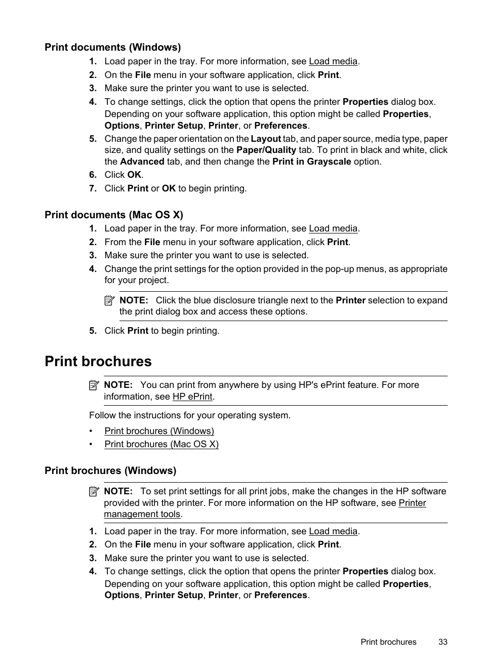 Print documents (windows), Print documents (mac os x), Print brochures | Print brochures (windows) | HP Officejet 7500A Wide Format e-All-in-One Printer - E910a User Manual | Page 37 / 252