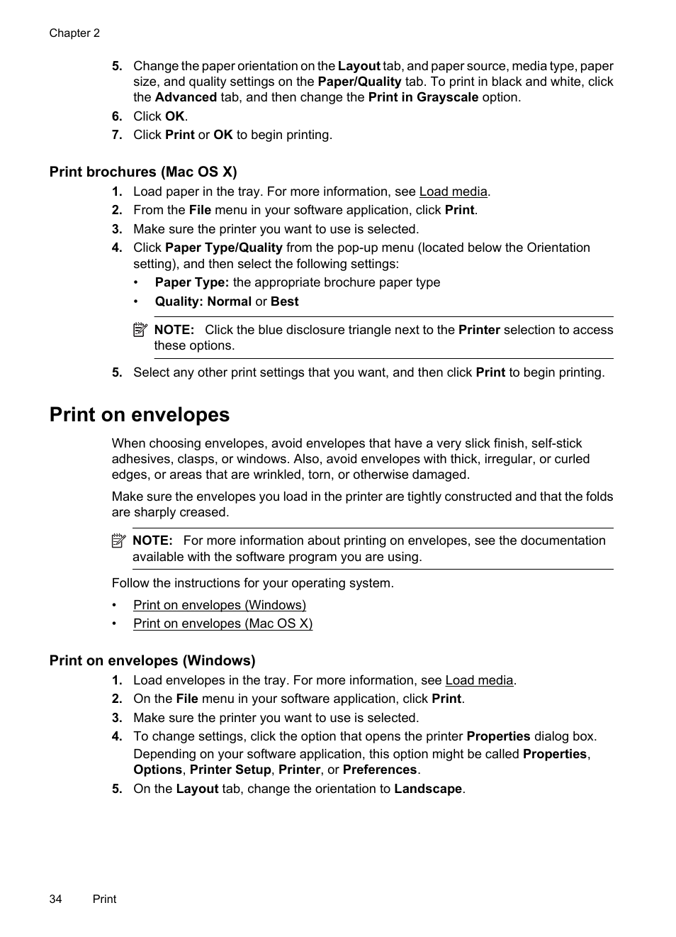 Print brochures (mac os x), Print on envelopes, Print on envelopes (windows) | HP Officejet 7500A Wide Format e-All-in-One Printer - E910a User Manual | Page 38 / 252
