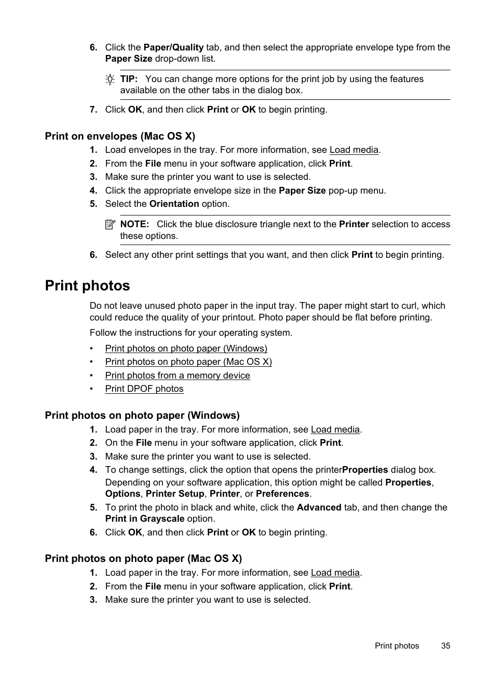 Print on envelopes (mac os x), Print photos, Print photos on photo paper (windows) | Print photos on photo paper (mac os x) | HP Officejet 7500A Wide Format e-All-in-One Printer - E910a User Manual | Page 39 / 252