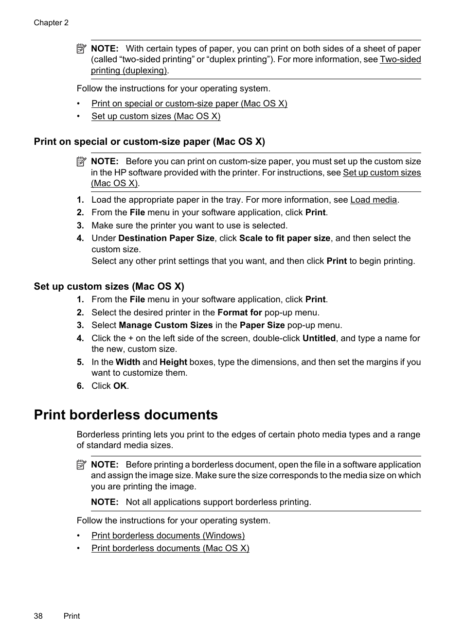 Print on special or custom-size paper (mac os x), Set up custom sizes (mac os x), Print borderless documents | HP Officejet 7500A Wide Format e-All-in-One Printer - E910a User Manual | Page 42 / 252