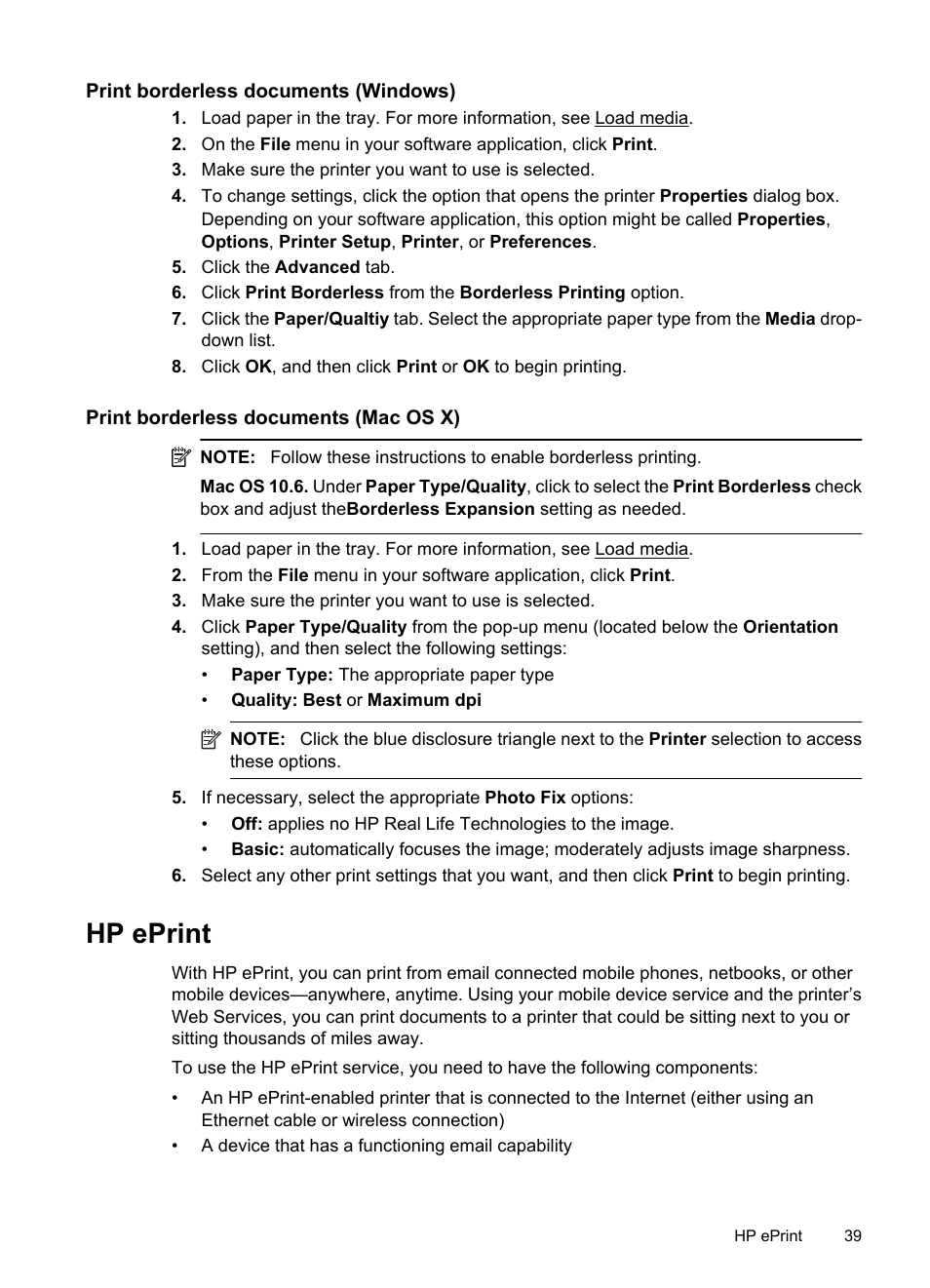 Print borderless documents (windows), Print borderless documents (mac os x), E hp eprint | Hp eprint | HP Officejet 7500A Wide Format e-All-in-One Printer - E910a User Manual | Page 43 / 252