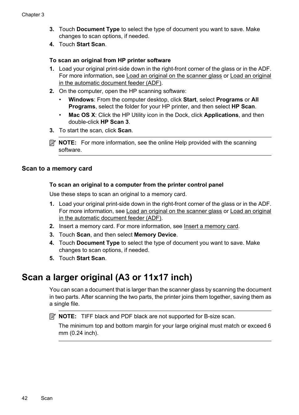 Scan to a memory card, Scan a larger original (a3 or 11x17 inch) | HP Officejet 7500A Wide Format e-All-in-One Printer - E910a User Manual | Page 46 / 252