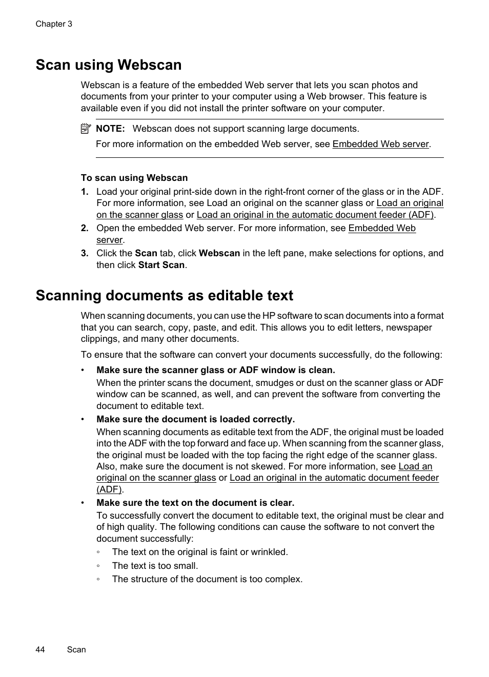 Scan using webscan, Scanning documents as editable text | HP Officejet 7500A Wide Format e-All-in-One Printer - E910a User Manual | Page 48 / 252