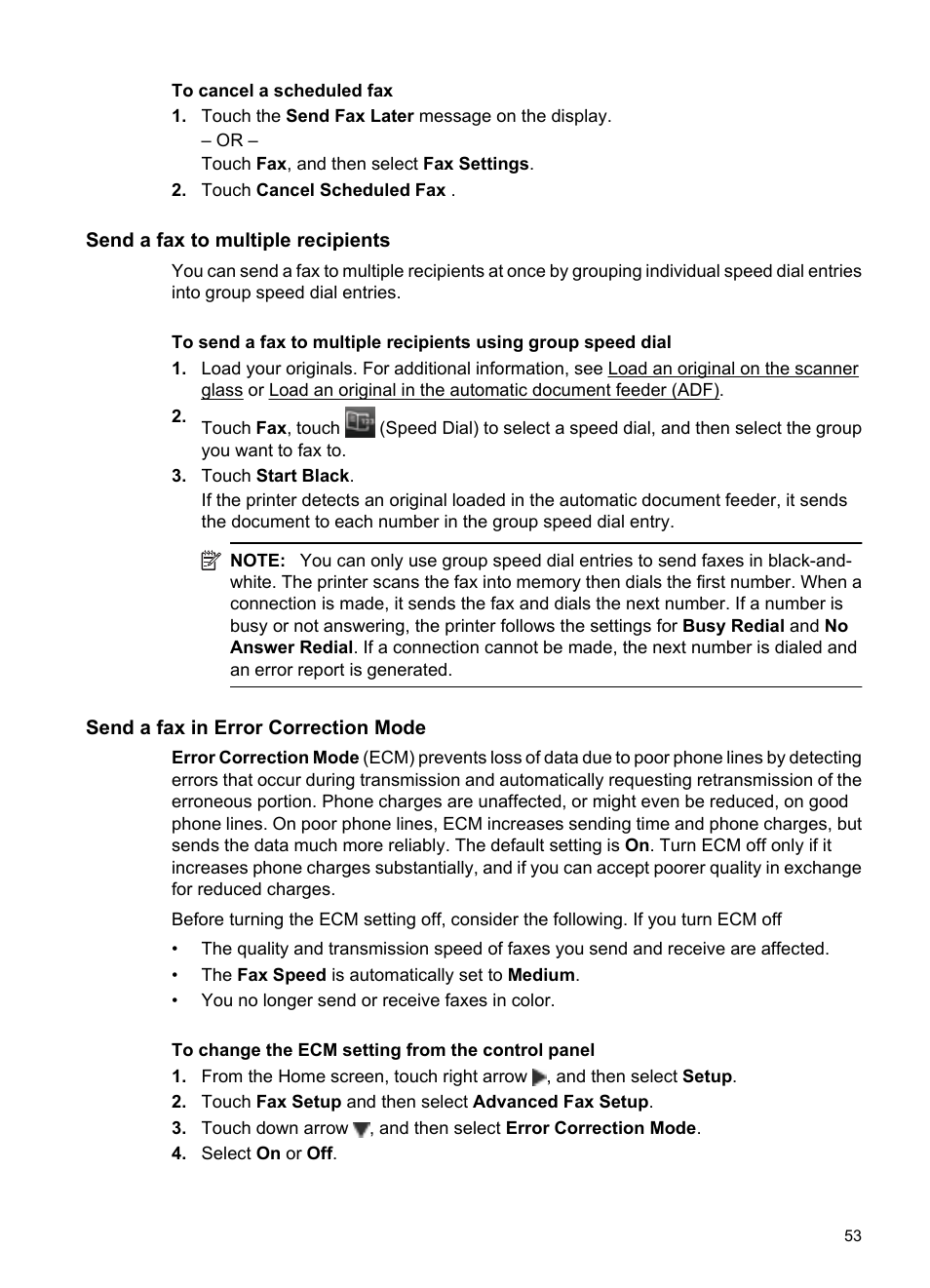 Send a fax to multiple recipients, Send a fax in error correction mode | HP Officejet 7500A Wide Format e-All-in-One Printer - E910a User Manual | Page 57 / 252