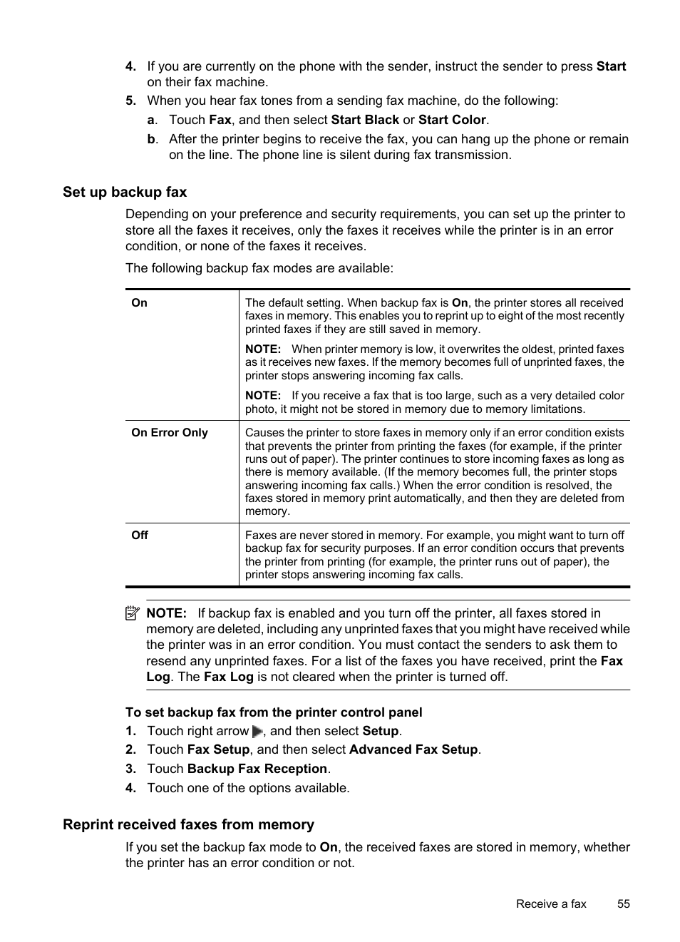 Set up backup fax, Reprint received faxes from memory | HP Officejet 7500A Wide Format e-All-in-One Printer - E910a User Manual | Page 59 / 252