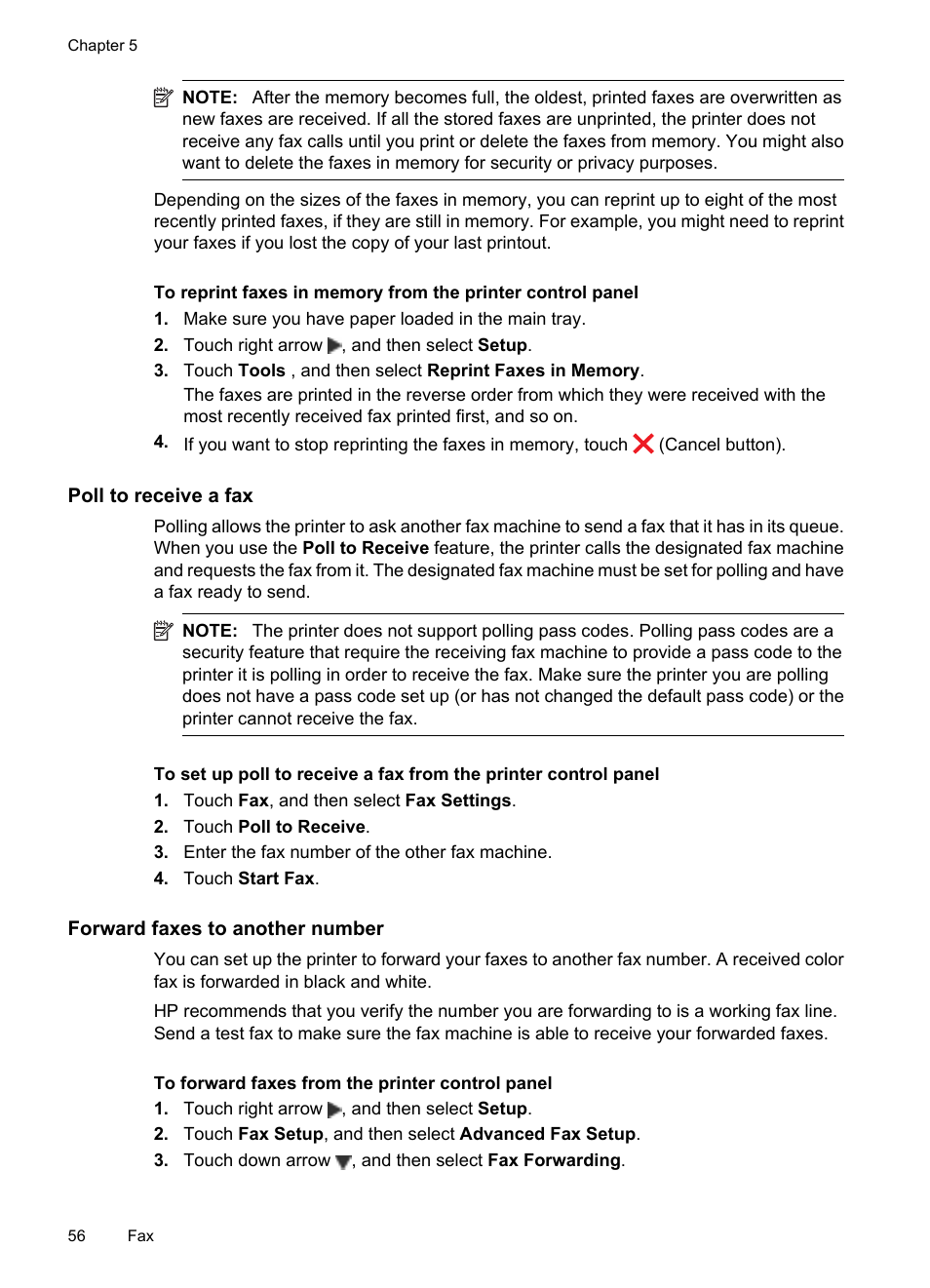 Poll to receive a fax, Forward faxes to another number | HP Officejet 7500A Wide Format e-All-in-One Printer - E910a User Manual | Page 60 / 252