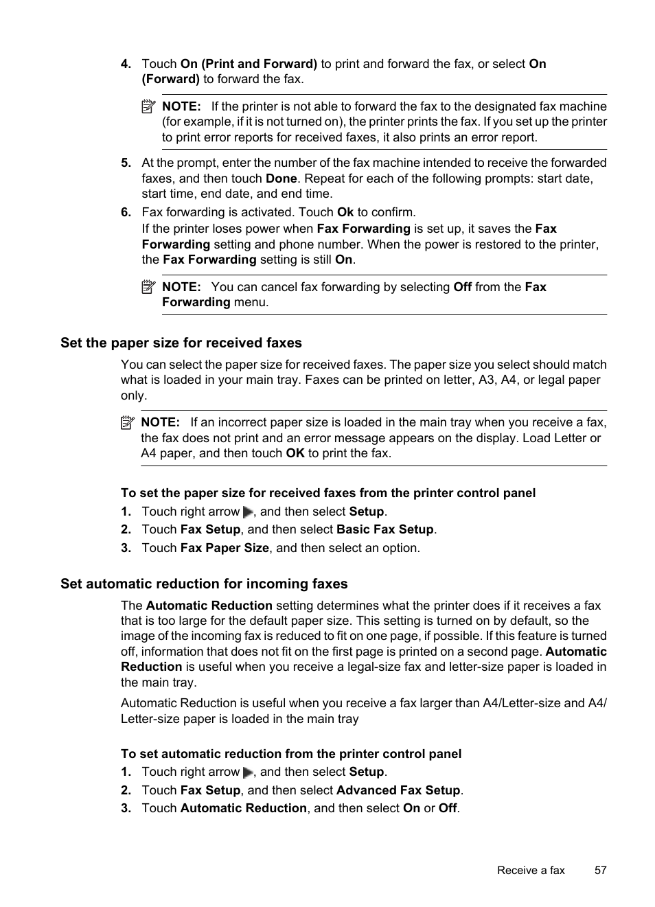 Set the paper size for received faxes, Set automatic reduction for incoming faxes | HP Officejet 7500A Wide Format e-All-in-One Printer - E910a User Manual | Page 61 / 252