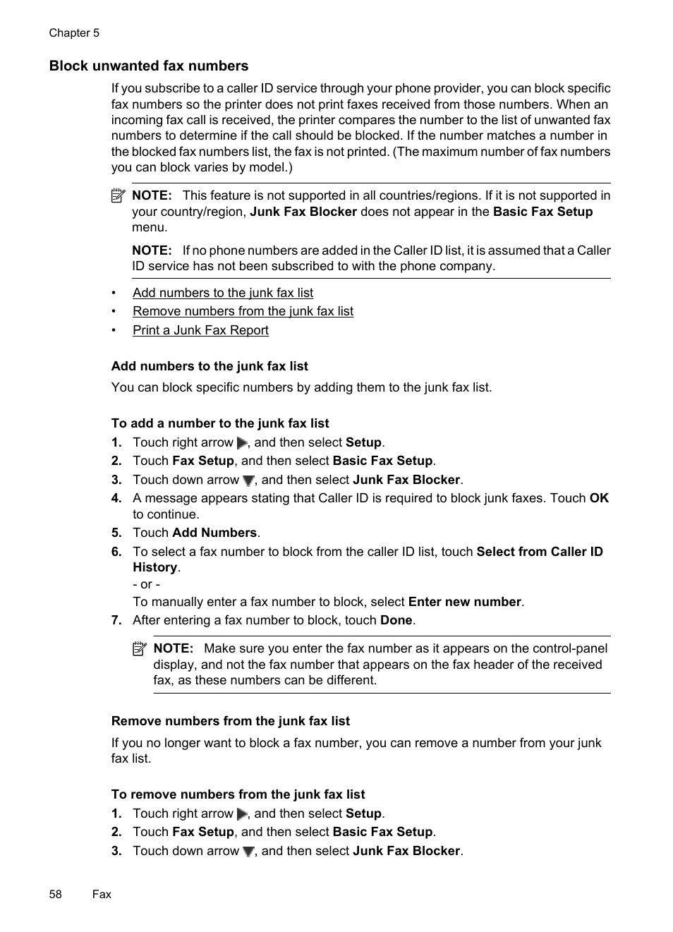 Block unwanted fax numbers, Add numbers to the junk fax list, Remove numbers from the junk fax list | HP Officejet 7500A Wide Format e-All-in-One Printer - E910a User Manual | Page 62 / 252