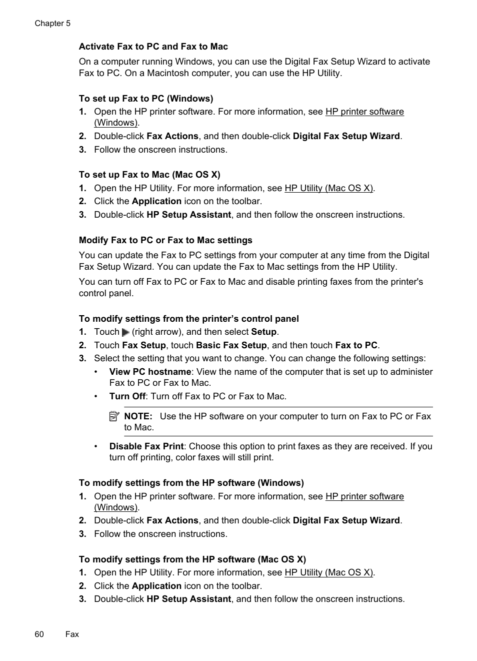 Activate fax to pc and fax to mac, Modify fax to pc or fax to mac settings | HP Officejet 7500A Wide Format e-All-in-One Printer - E910a User Manual | Page 64 / 252