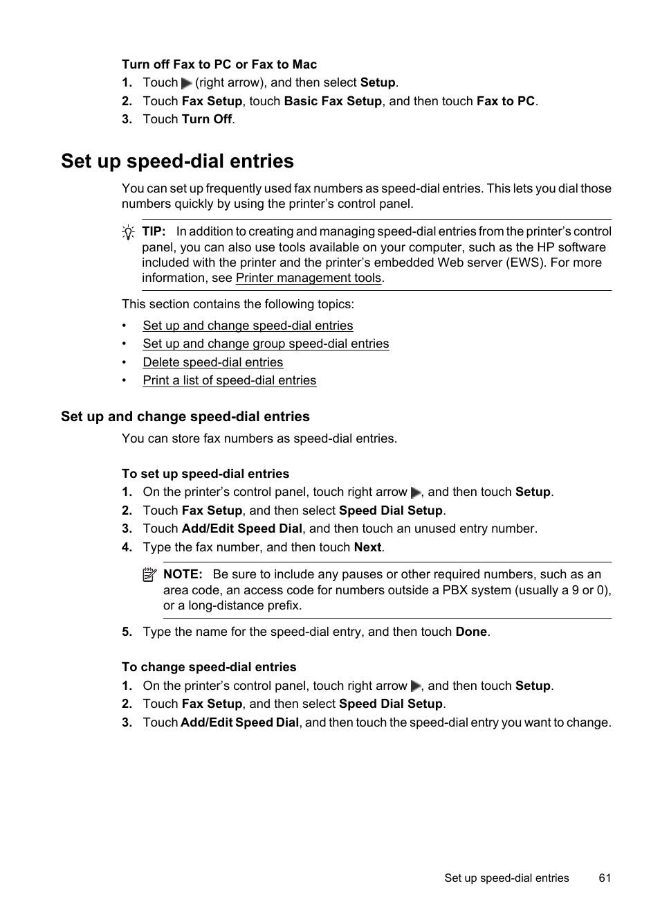 Set up speed-dial entries, Set up and change speed-dial entries | HP Officejet 7500A Wide Format e-All-in-One Printer - E910a User Manual | Page 65 / 252