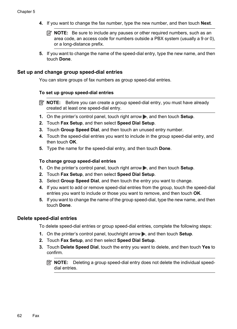 Set up and change group speed-dial entries, Delete speed-dial entries | HP Officejet 7500A Wide Format e-All-in-One Printer - E910a User Manual | Page 66 / 252