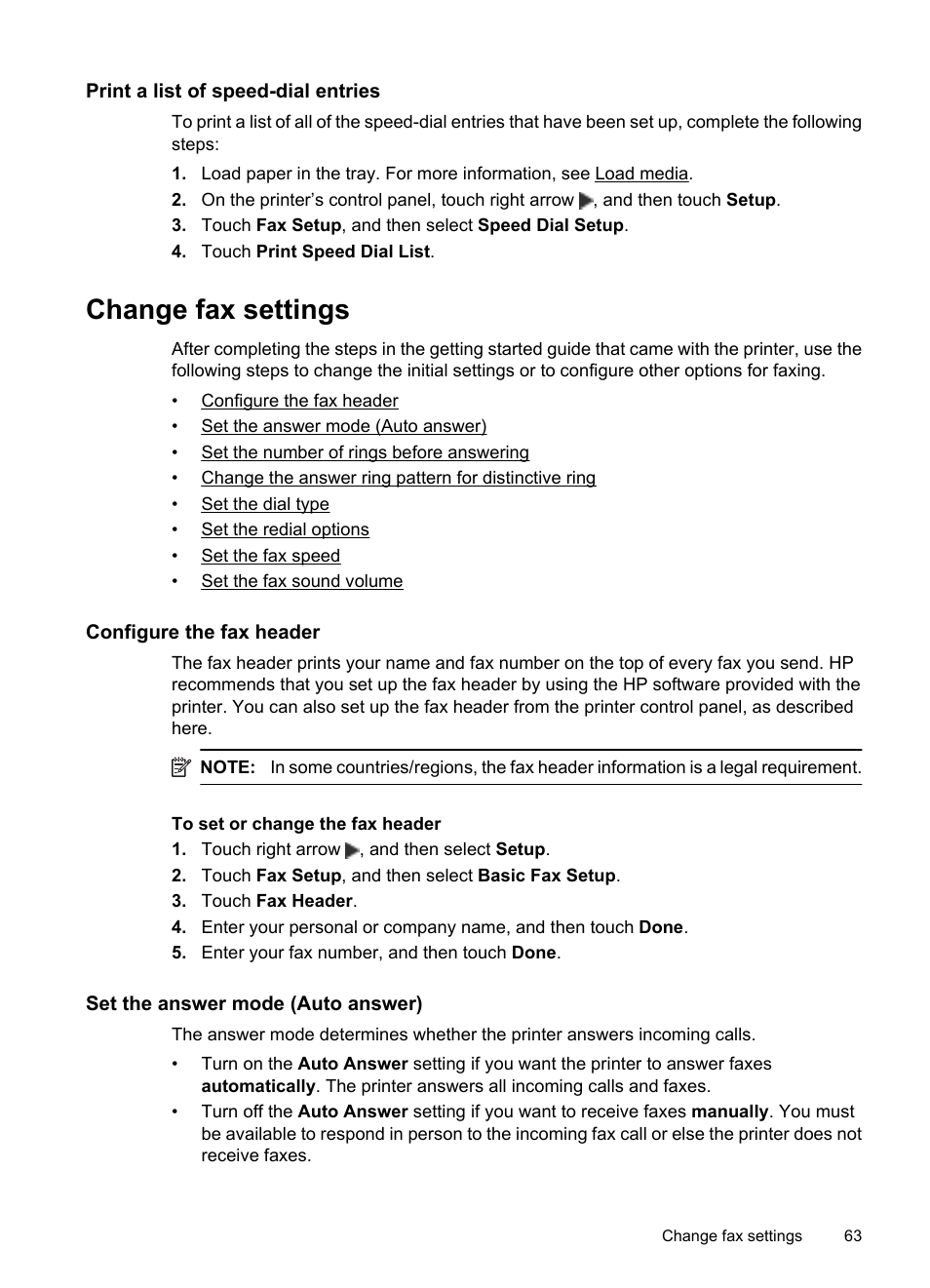 Print a list of speed-dial entries, Change fax settings, Configure the fax header | Set the answer mode (auto answer) | HP Officejet 7500A Wide Format e-All-in-One Printer - E910a User Manual | Page 67 / 252