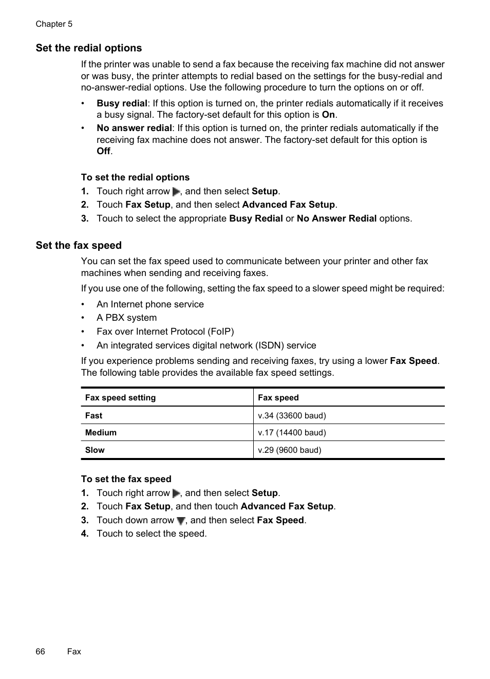 Set the redial options, Set the fax speed | HP Officejet 7500A Wide Format e-All-in-One Printer - E910a User Manual | Page 70 / 252