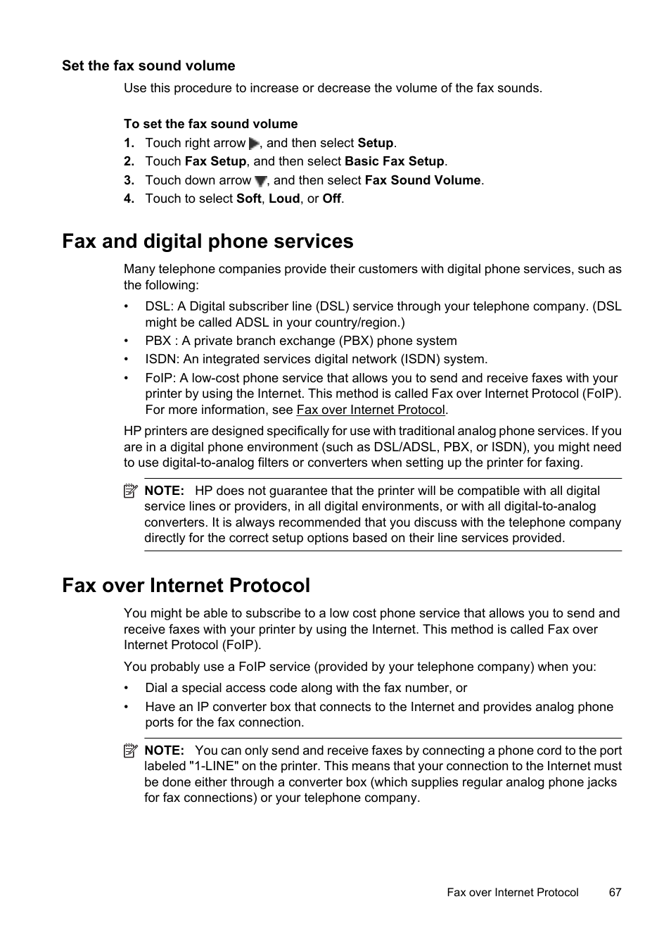 Set the fax sound volume, Fax and digital phone services, Fax over internet protocol | HP Officejet 7500A Wide Format e-All-in-One Printer - E910a User Manual | Page 71 / 252