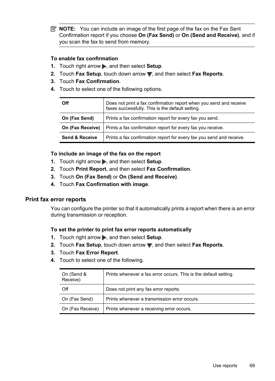 Print fax error reports | HP Officejet 7500A Wide Format e-All-in-One Printer - E910a User Manual | Page 73 / 252