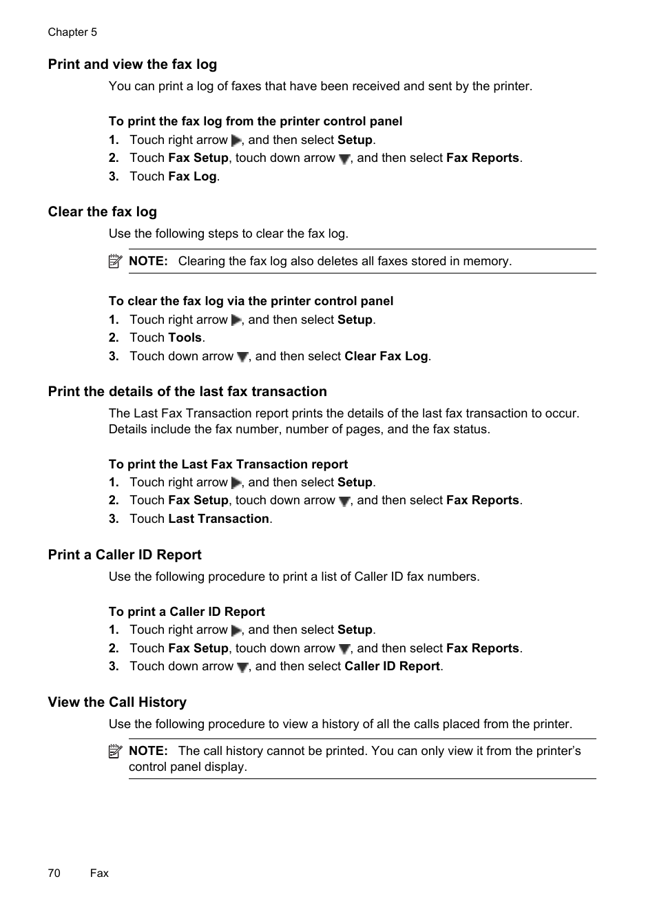 Print and view the fax log, Clear the fax log, Print the details of the last fax transaction | Print a caller id report, View the call history | HP Officejet 7500A Wide Format e-All-in-One Printer - E910a User Manual | Page 74 / 252