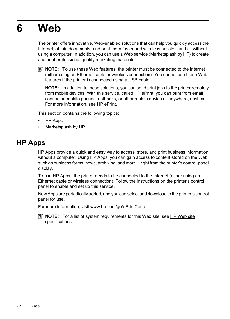 Hp apps, 6 web, 6web | HP Officejet 7500A Wide Format e-All-in-One Printer - E910a User Manual | Page 76 / 252