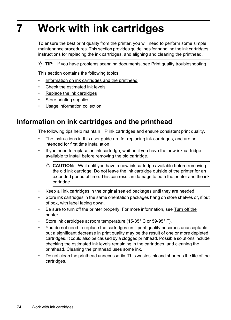 Work with ink cartridges, Information on ink cartridges and the printhead, 7 work with ink cartridges | See work with ink cartridges, 7work with ink cartridges | HP Officejet 7500A Wide Format e-All-in-One Printer - E910a User Manual | Page 78 / 252