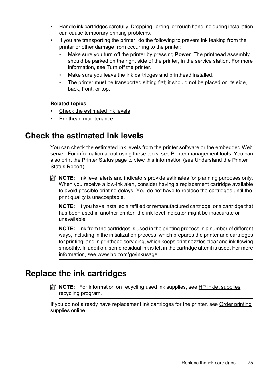 Check the estimated ink levels, Replace the ink cartridges | HP Officejet 7500A Wide Format e-All-in-One Printer - E910a User Manual | Page 79 / 252