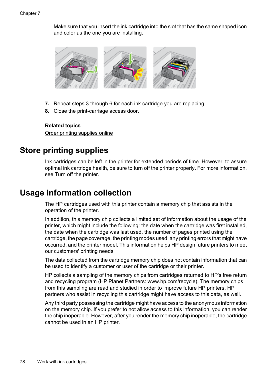 Store printing supplies, Usage information collection | HP Officejet 7500A Wide Format e-All-in-One Printer - E910a User Manual | Page 82 / 252