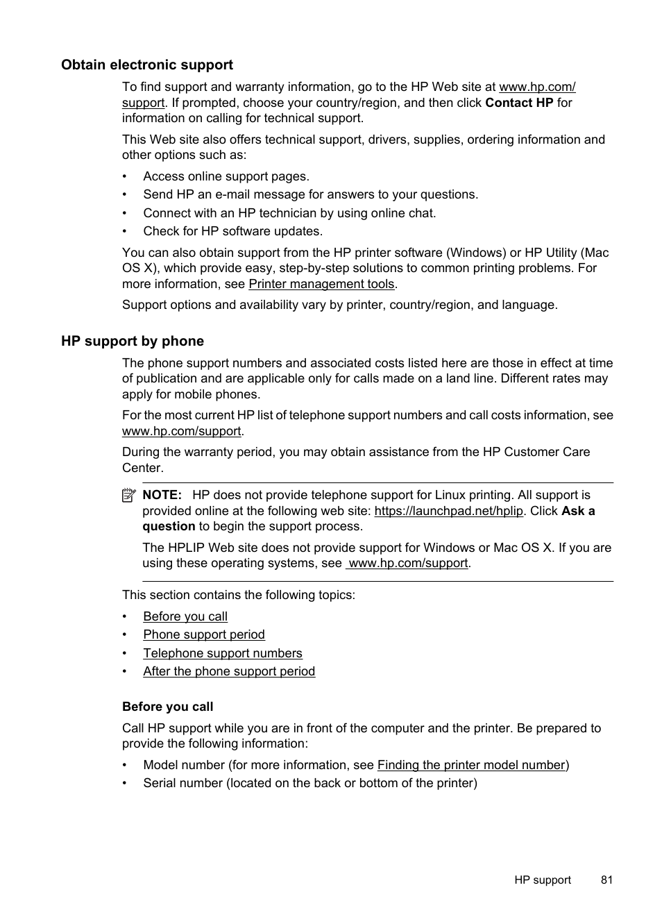 Obtain electronic support, Hp support by phone, Before you call | See hp support by phone | HP Officejet 7500A Wide Format e-All-in-One Printer - E910a User Manual | Page 85 / 252