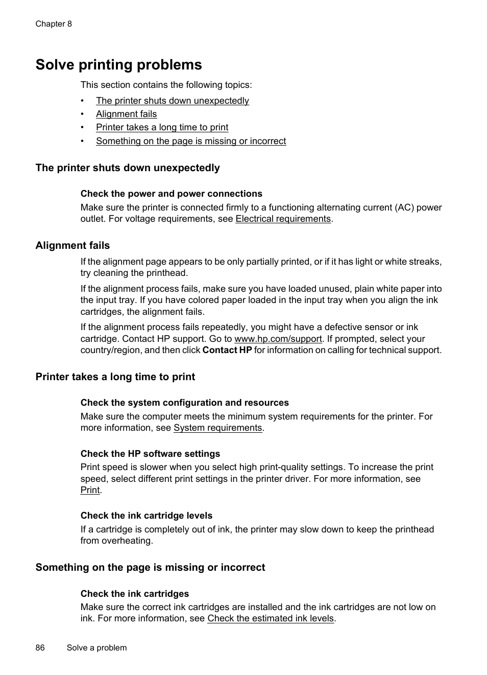 Solve printing problems, The printer shuts down unexpectedly, Alignment fails | Printer takes a long time to print | HP Officejet 7500A Wide Format e-All-in-One Printer - E910a User Manual | Page 90 / 252