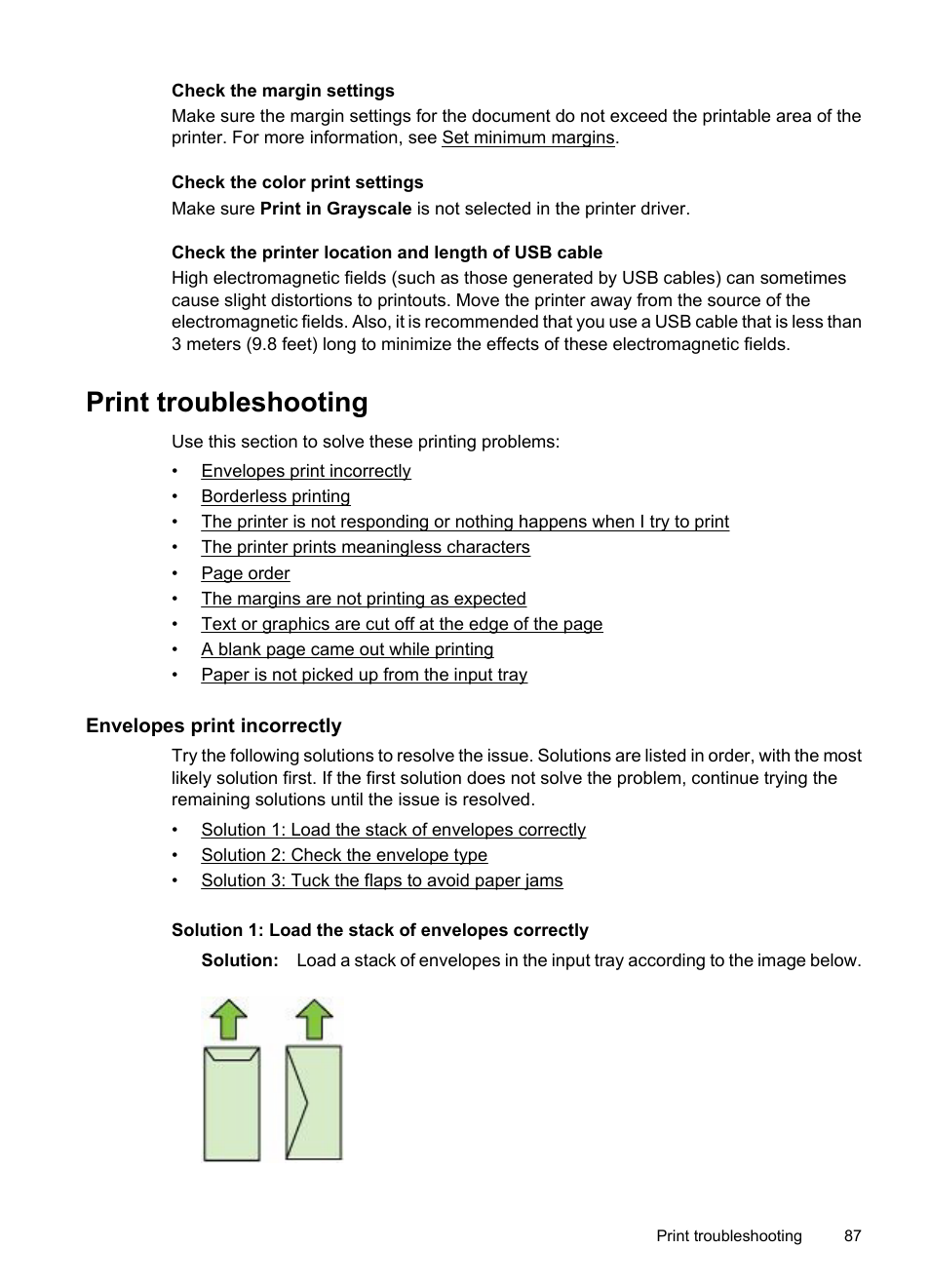 Print troubleshooting, Envelopes print incorrectly | HP Officejet 7500A Wide Format e-All-in-One Printer - E910a User Manual | Page 91 / 252