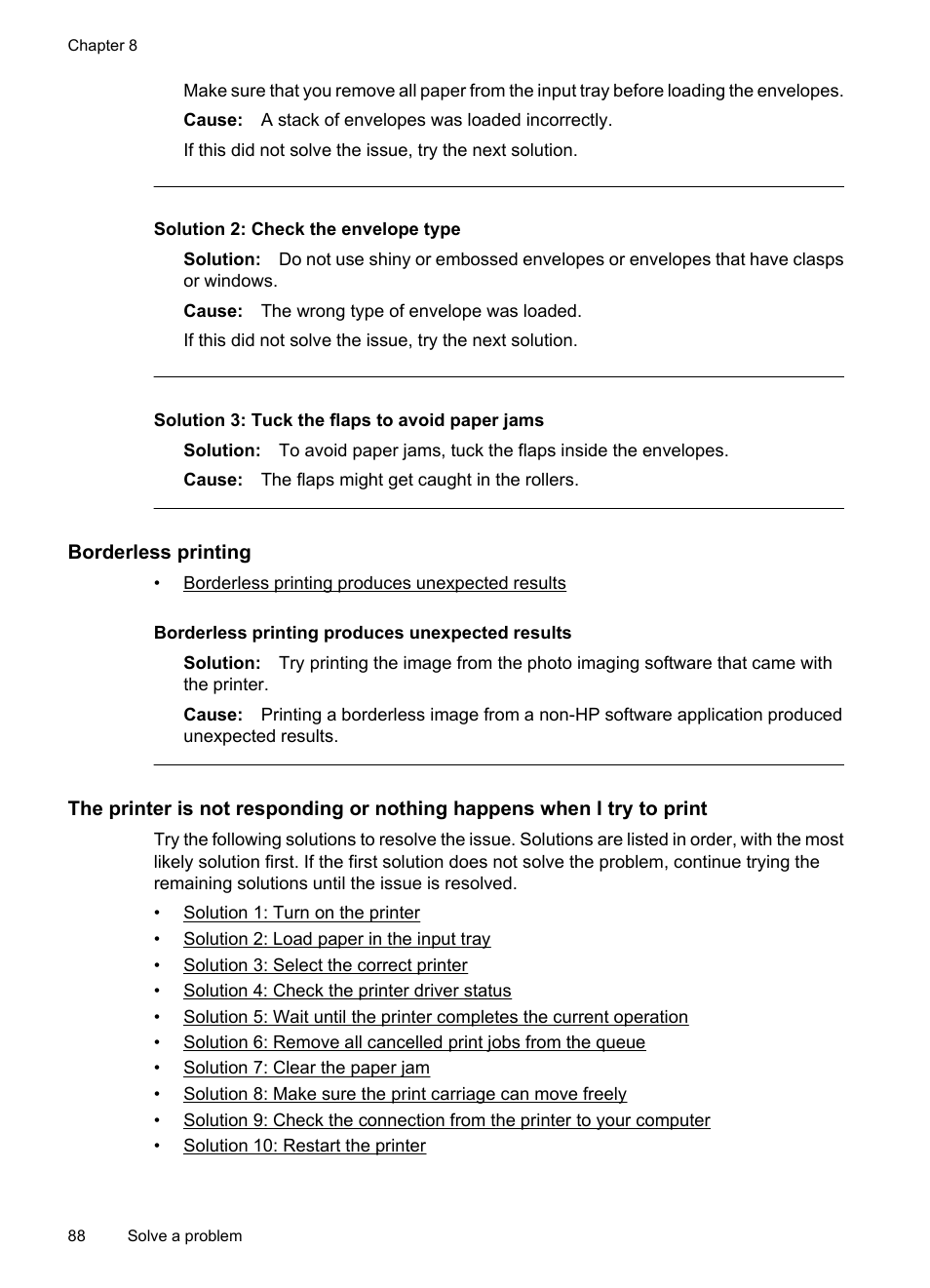 Borderless printing, Solution 2: check the envelope type, Solution 3: tuck the flaps to avoid paper jams | HP Officejet 7500A Wide Format e-All-in-One Printer - E910a User Manual | Page 92 / 252