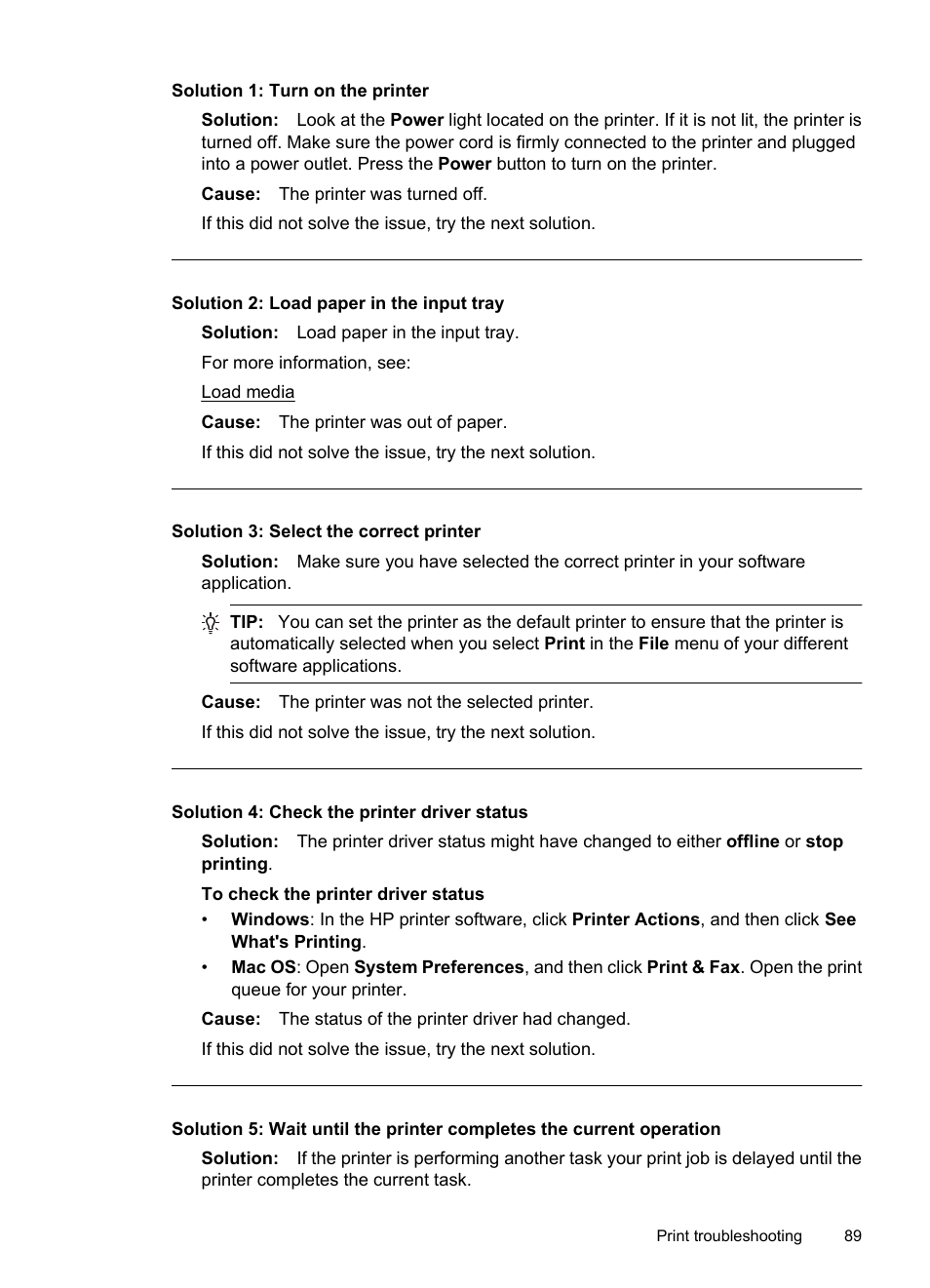 Solution 1: turn on the printer, Solution 2: load paper in the input tray, Solution 3: select the correct printer | Solution 4: check the printer driver status | HP Officejet 7500A Wide Format e-All-in-One Printer - E910a User Manual | Page 93 / 252