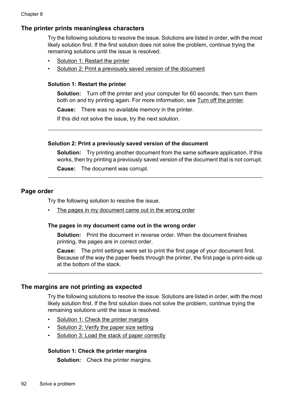 The printer prints meaningless characters, The margins are not printing as expected | HP Officejet 7500A Wide Format e-All-in-One Printer - E910a User Manual | Page 96 / 252