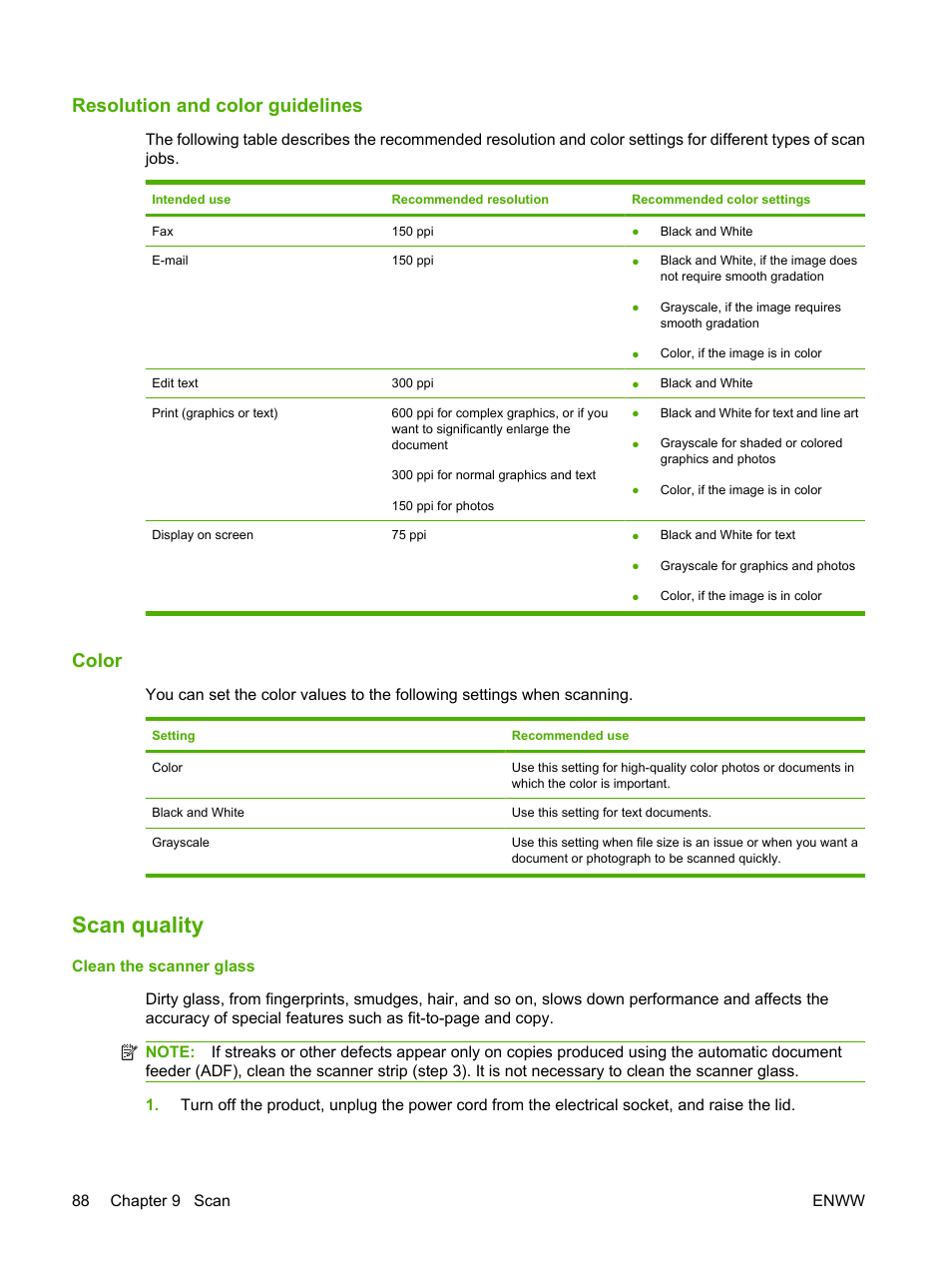 Resolution and color guidelines, Color, Scan quality | HP LaserJet M2727 Multifunction Printer series User Manual | Page 100 / 266