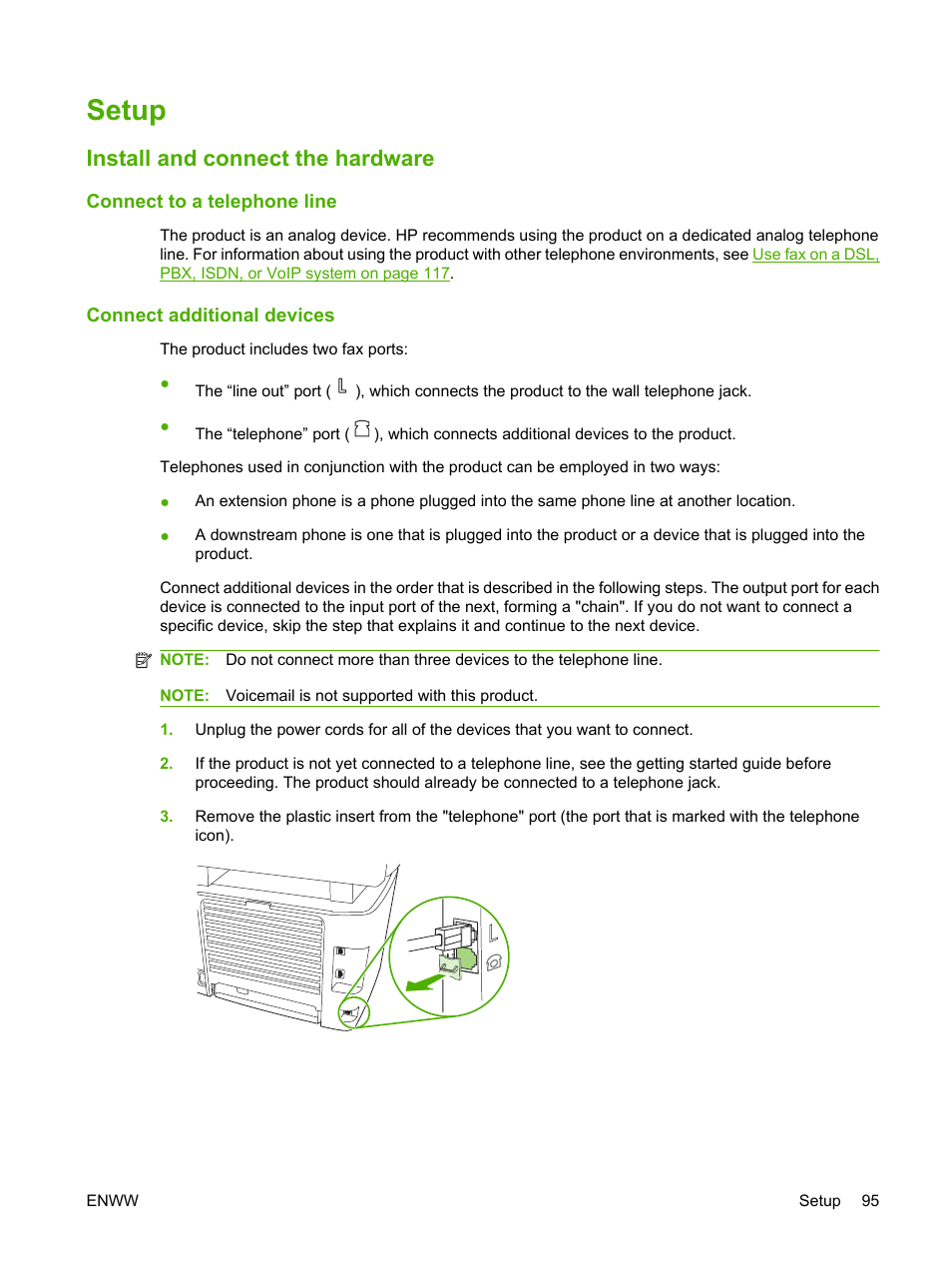 Setup, Install and connect the hardware, Connect to a telephone line | Connect additional devices | HP LaserJet M2727 Multifunction Printer series User Manual | Page 107 / 266