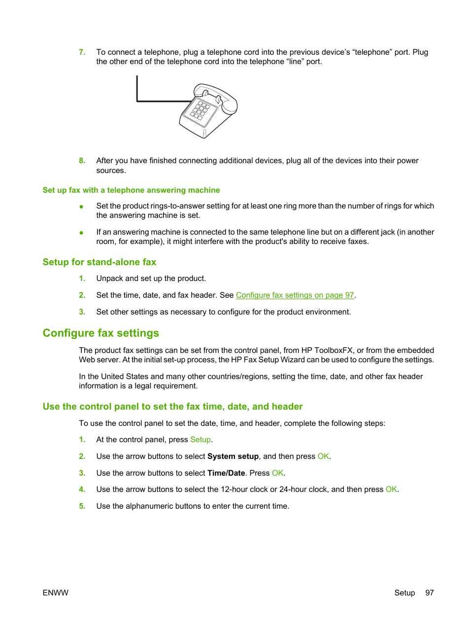 Set up fax with a telephone answering machine, Setup for stand-alone fax, Configure fax settings | HP LaserJet M2727 Multifunction Printer series User Manual | Page 109 / 266