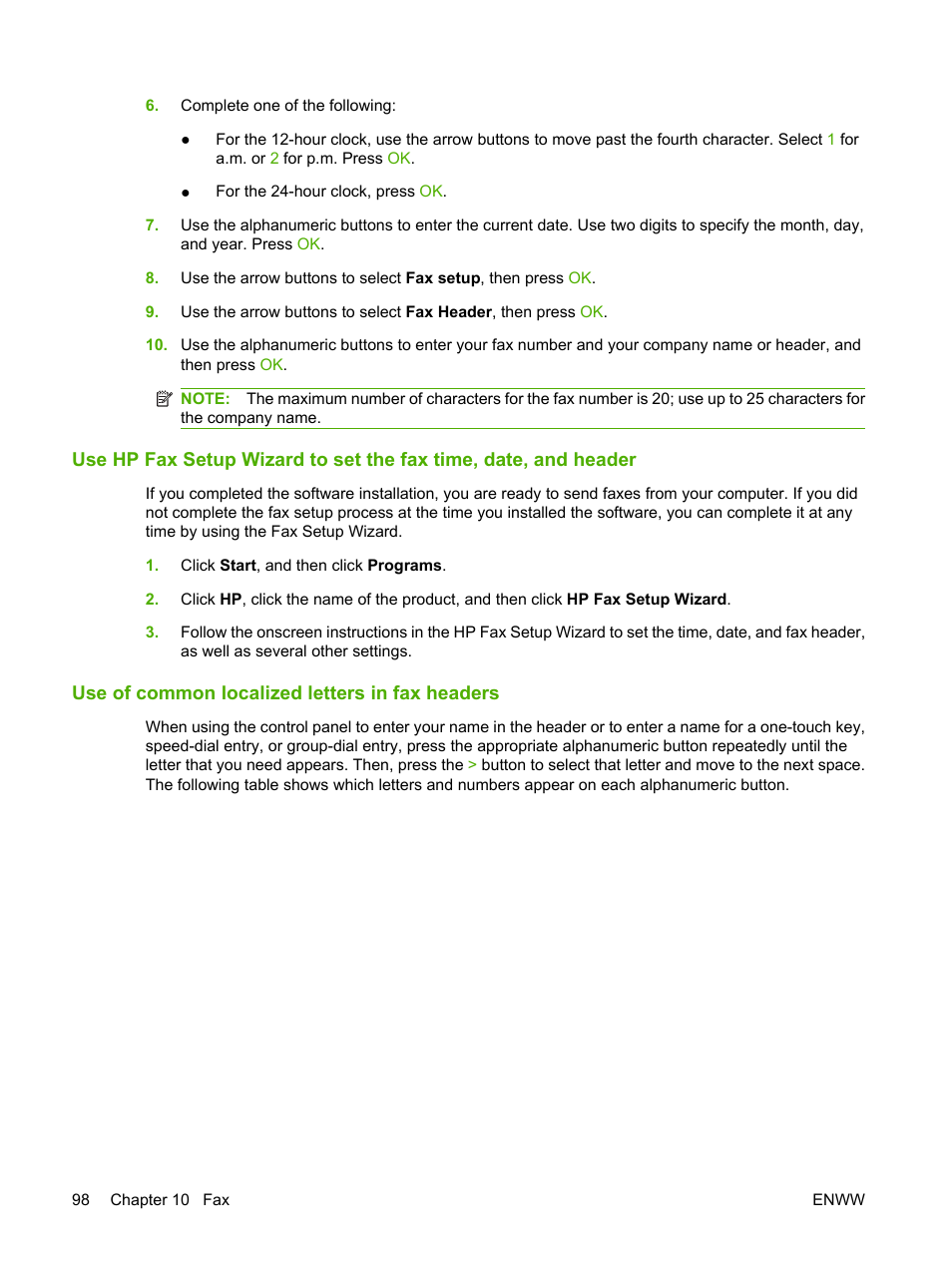 Use of common localized letters in fax headers | HP LaserJet M2727 Multifunction Printer series User Manual | Page 110 / 266