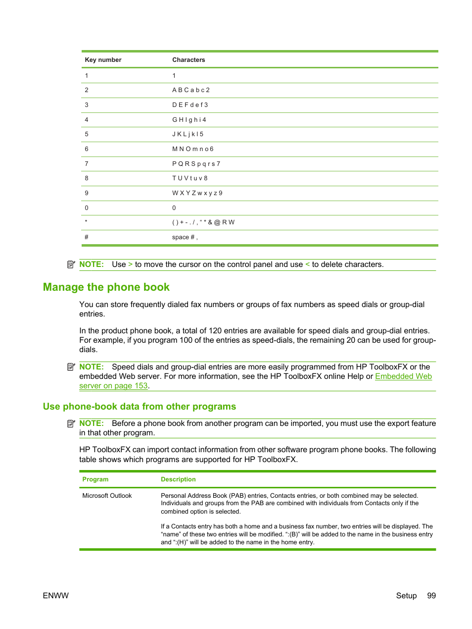 Manage the phone book, Use phone-book data from other programs | HP LaserJet M2727 Multifunction Printer series User Manual | Page 111 / 266