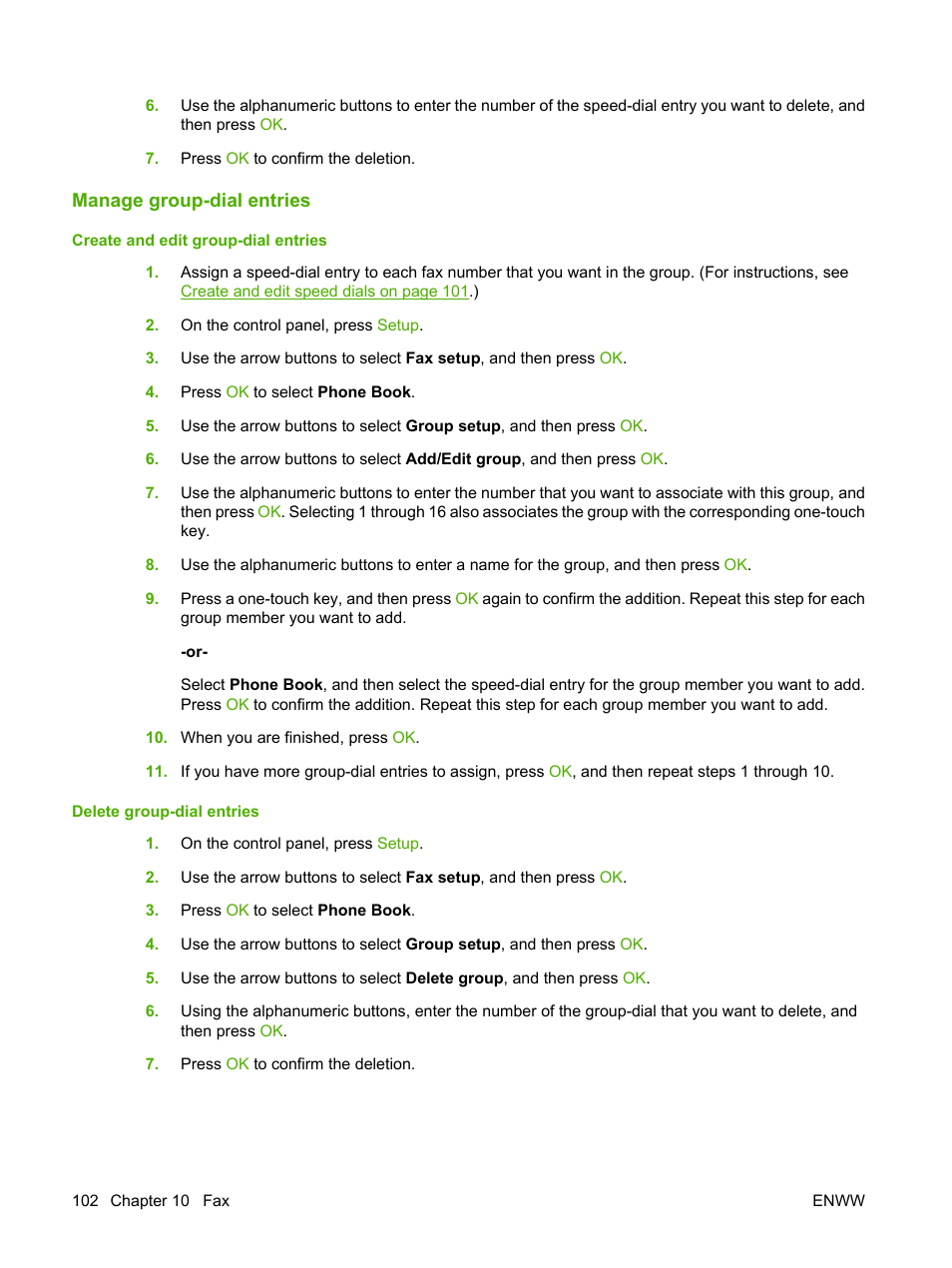 Manage group-dial entries, Create and edit group-dial entries, Delete group-dial entries | HP LaserJet M2727 Multifunction Printer series User Manual | Page 114 / 266