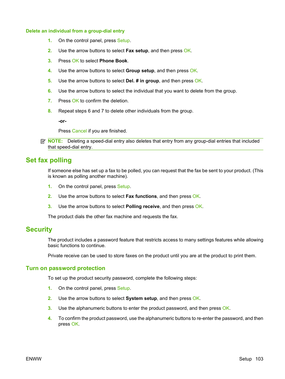 Delete an individual from a group-dial entry, Set fax polling, Security | Turn on password protection, Set fax polling security | HP LaserJet M2727 Multifunction Printer series User Manual | Page 115 / 266