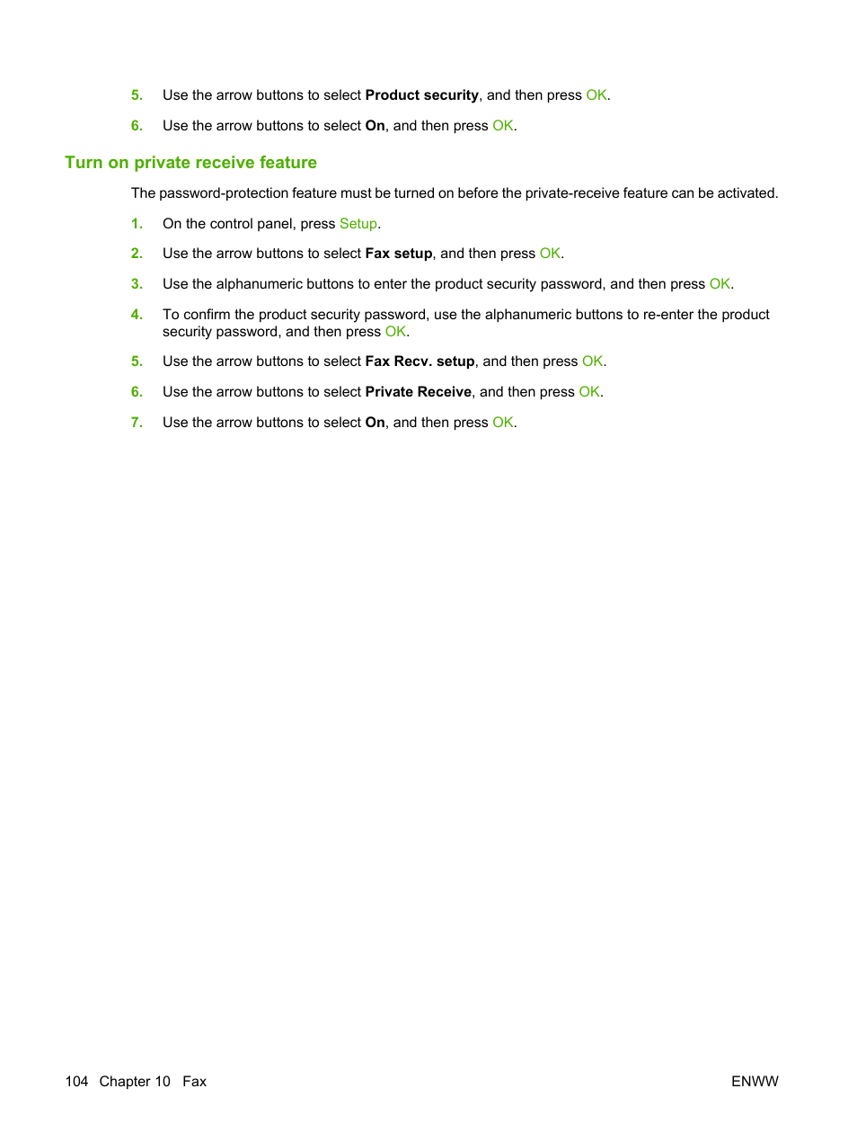 Turn on private receive feature | HP LaserJet M2727 Multifunction Printer series User Manual | Page 116 / 266