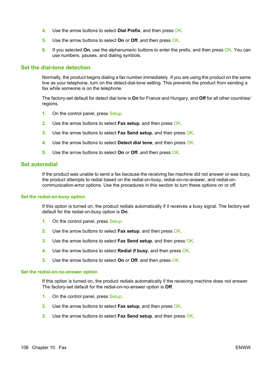 Set the dial-tone detection, Set autoredial | HP LaserJet M2727 Multifunction Printer series User Manual | Page 118 / 266